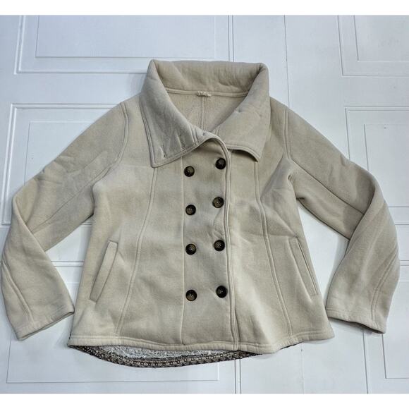 Hem & Thread Peacoat Womens Large Tan Double Breasted Pockets Crochet Knit Back - Picture 1 of 4